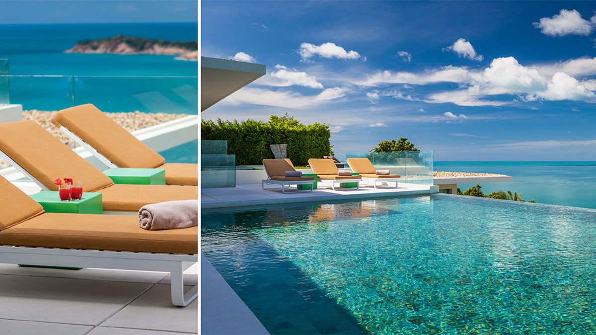 L-shaped saltwater infinity pool at Villa Anavaya.