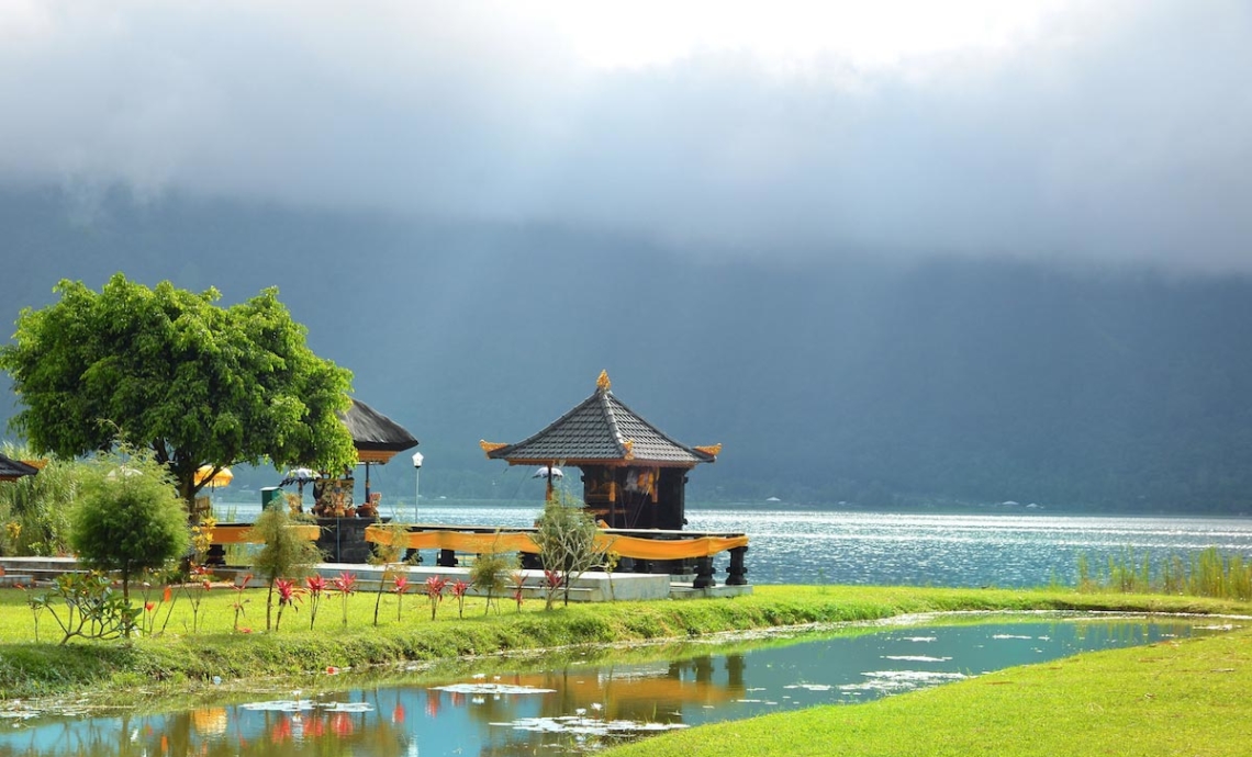 little temple after rain on Beratan lake in Bali