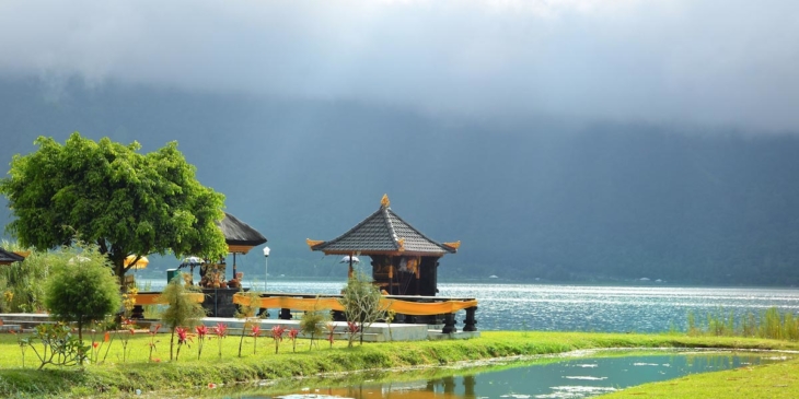 little temple after rain on Beratan lake in Bali