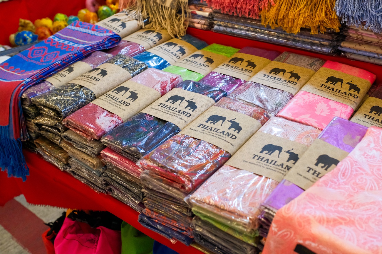 Silk and cashmere blend scarves from the OTOP market in Patong.